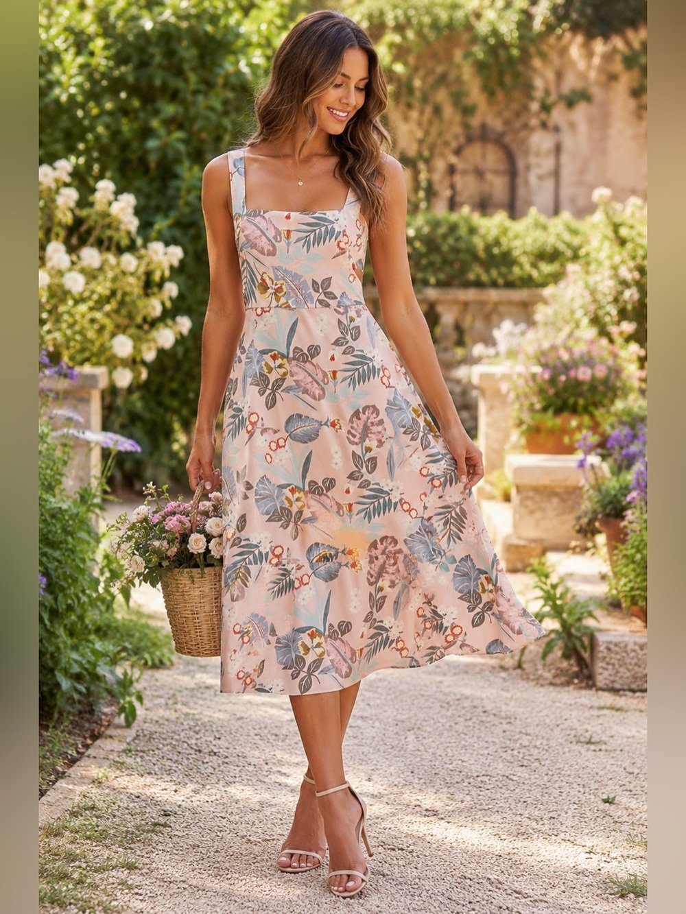 Lulus Island Sun Blush Pink Tropical Print Tie-Back Midi Dress Size S